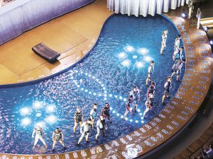 HM, Harmony of the Seas, Aquatheater, overhead view of The Fine Line, aquatheatre, aqua, show at night, performance, actors, dancers, stage, lights in water,