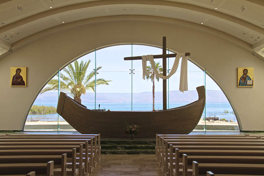 The famous boat chapel found in Magdala facing the Sea of Galilee