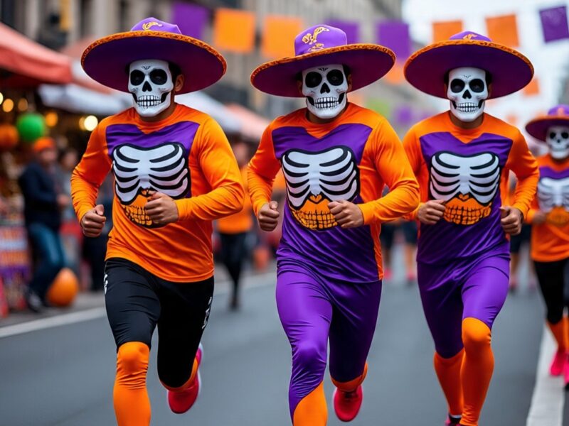 Participantes disfrazados listos para correr el Halloween Race, un evento nocturno lleno de color, música y diversión.