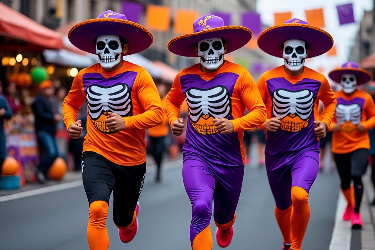 Participantes disfrazados listos para correr el Halloween Race, un evento nocturno lleno de color, música y diversión.