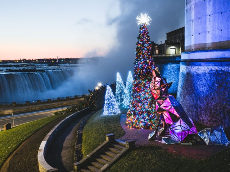 Lobo Cósmico ilumina la noche en Niagara Falls con una fusión de arte, luz y movimiento durante el Festival de Luces de Invierno 2025.