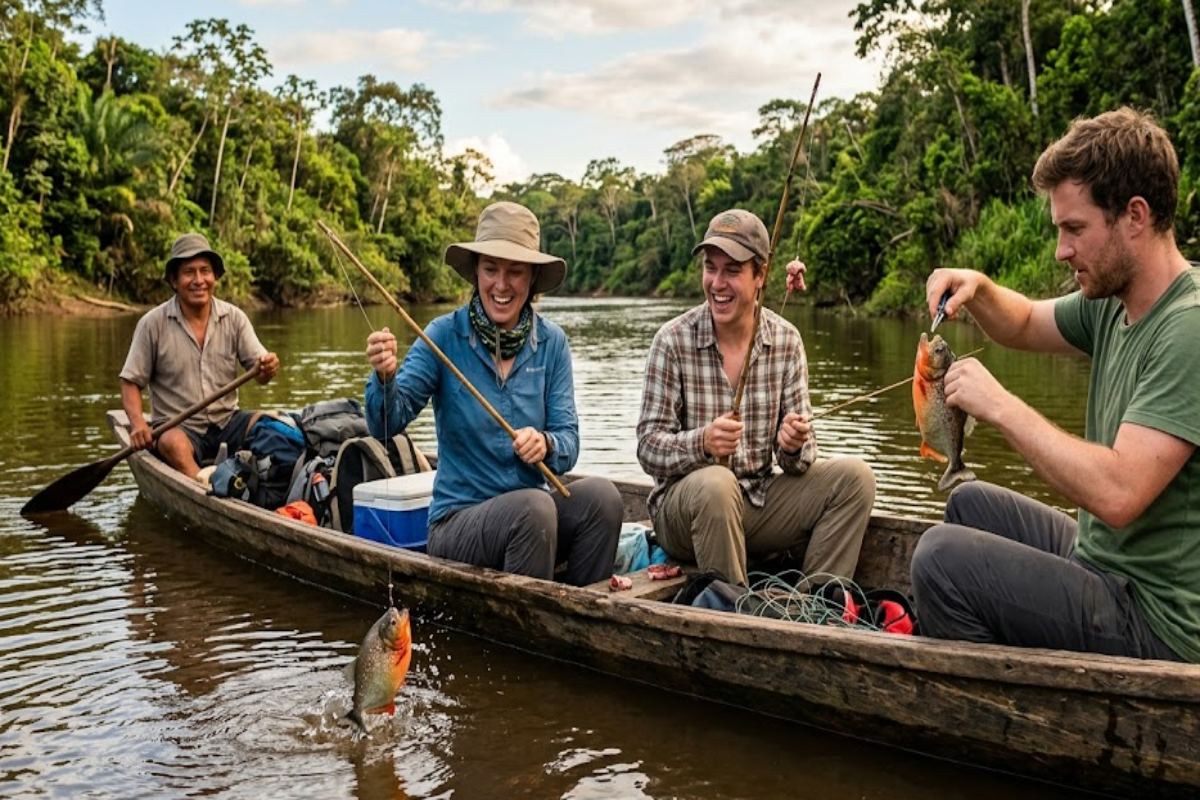 Pesca de pirañas en Tambopata, Perú.
