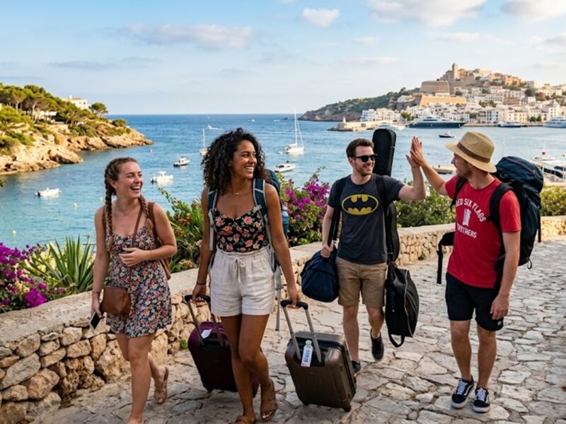 Viajeros en Ibiza, destino mediterráneo de playas y cultura.